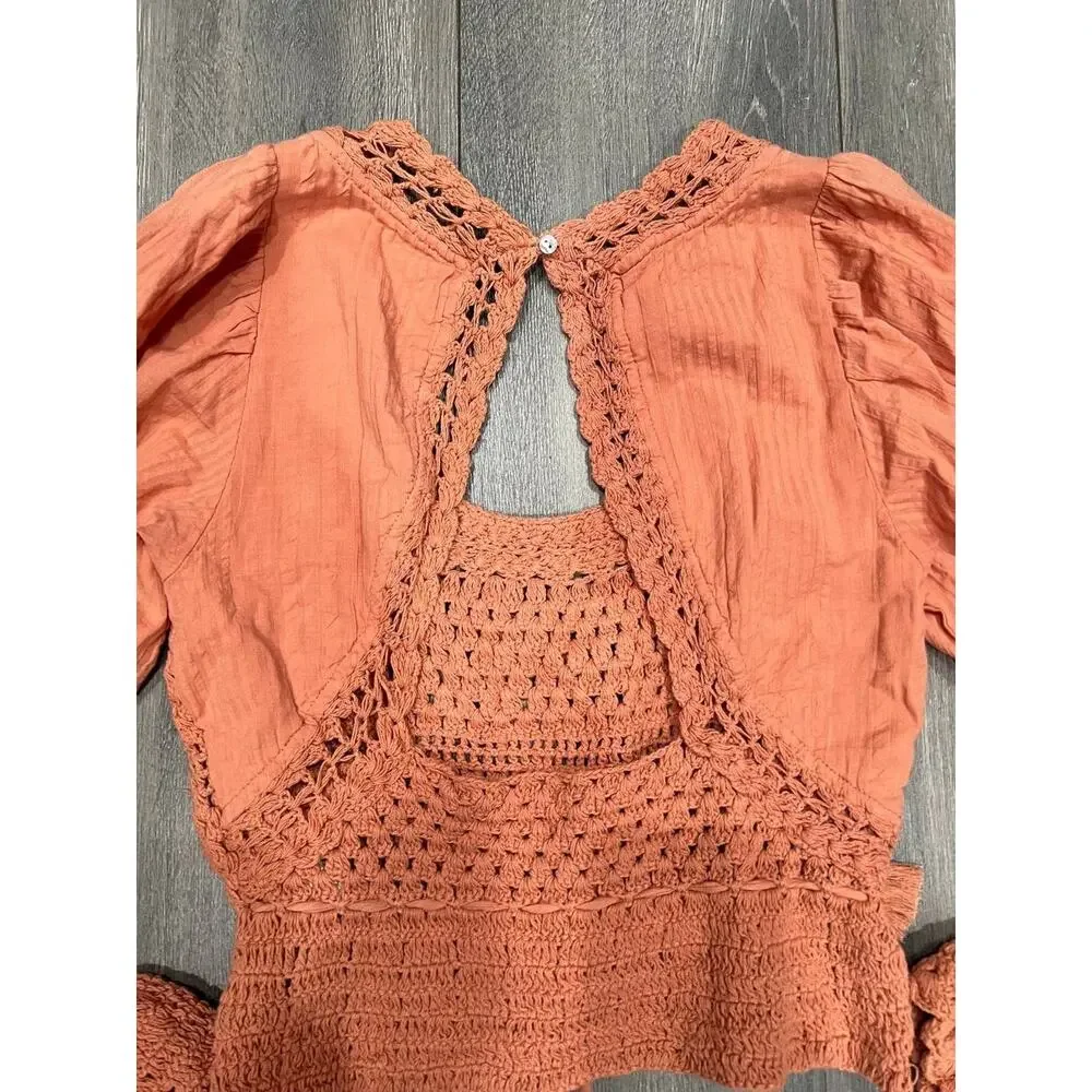 Free People Megan Y2K preppy halter babydoll Crochet Top Coral Sand XS A004059